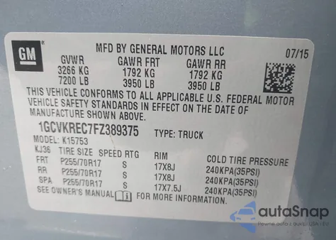 2015 Chevrolet Silverado 1500 1Lt из США, поврежденный, VIN 1GCVKREC7FZ389375